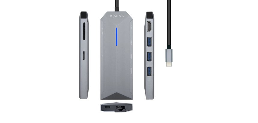AISENS USB-C dock 8 en 1, USB-C a 1xHDMI, 1xRJ45, 3xUSB, 1xPD, 1xSD, 1xMicroSD, Gris, 15 cm