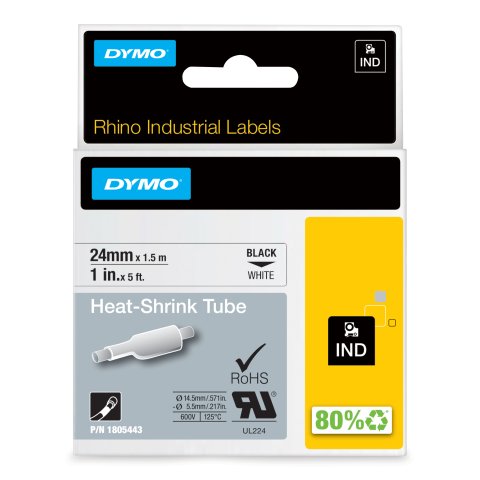 DYMO Rhino Tubos industriales termorretráctiles para etiquetas de cable | 24 mm x 1,5 m | Impresión en negro sobre blanco | Autoadhesivos | Para rotuladoras Rhino