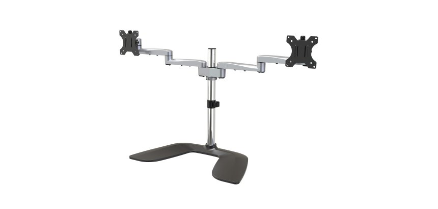 StarTech.com Dual Monitor Stand - Ergonomic Desktop Monitor Stand for up to 32" (17.6lb/8kg) VESA Displays - Free-Standing Articulating Universal Computer Monitor Mount - Adjustable Height - Silver