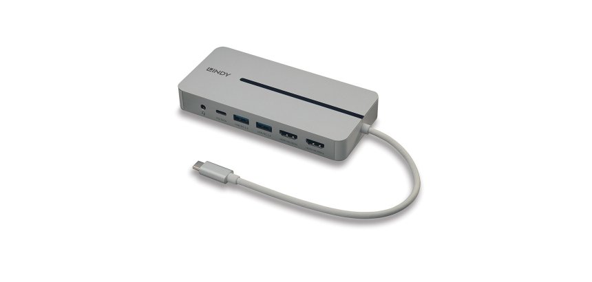 Lindy DST-Mx Duo, Mini Docking Station USB-C pour Laptop/MacBook avec prise en charge 4K sur deux écrans et charge 100W