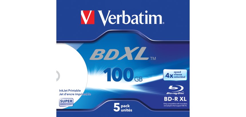 Verbatim BD-R XL 100GB* 4x Wide Inkjet Printable 5 Pack Jewel Case