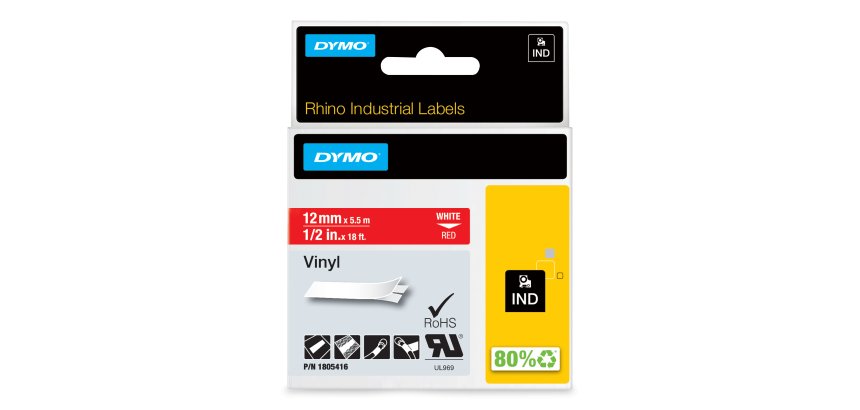 DYMO Rhino Industrial Vinyl Labels | 12 mm x 5.5 m | White Print on Red | Self-Adhesive | for LabelManager & Rhino Label Makers
