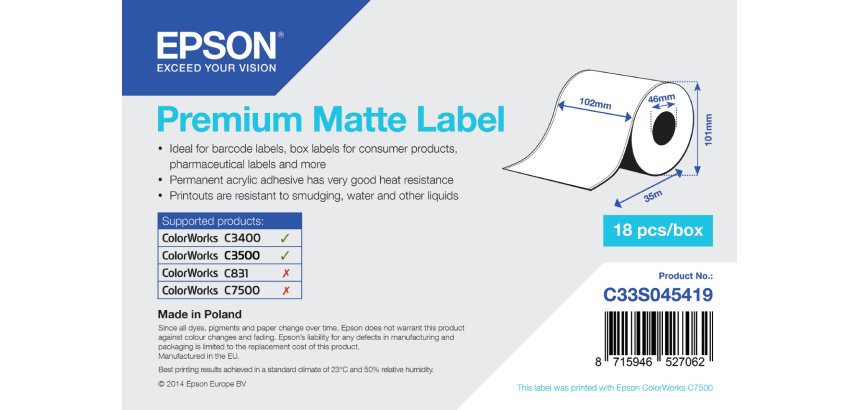 Epson Rouleau adhésif continu Premium Matte 102mm x 35 mm pour TM-C3400