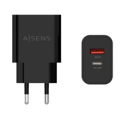 AISENS Cargador 20W, 1xUSB-C PD3.0, 1xUSB-A QC3.0, Negro