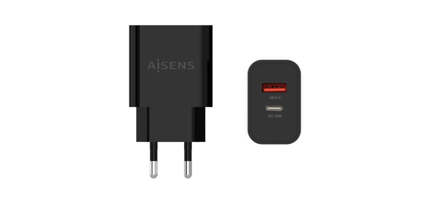 AISENS Cargador 20W, 1xUSB-C PD3.0, 1xUSB-A QC3.0, Negro