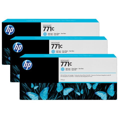 HP 771C pack de 3 cartouches d'encre DesignJet cyan clair, 775 ml