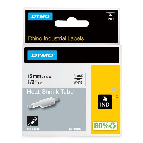 DYMO Rhino etiquetas industriales de tubo termorretráctil | 12 mm x 1,5 m | de color negro sobre fondo blanco