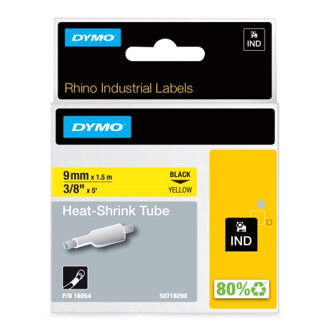 DYMO Rhino etiquetas industriales de tubo termorretráctil | 9 mm x 1,5 m | de color negro sobre fondo amarillo