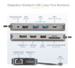 StarTech.com Adaptateur Multiport USB-C Triple Moniteur, Double HDMI et DisplayPort 4K 60Hz + 4K 30Hz, Adaptateur USB-C, Hub USB 4 Ports, 100W PD Pass-Through, GbE, Lecteurs de Cartes SD/MicroSD