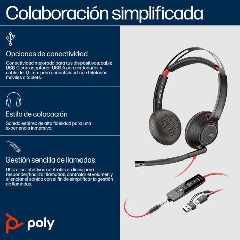 POLY Auriculares estéreo Blackwire 5220 USB-C + Conector de 3,5 mm + Adaptador USB-C/A