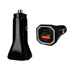 AISENS Cargador de Coche 38W,1XUSB-C PD3.0 20W,1XUSB-A QC3.0 18W, Negro