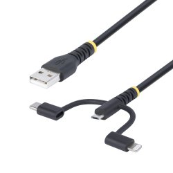 StarTech.com Cable Multicarga Resistente USB de 1m - Lightning/Micro-USB/USB-C - Certificado Apple MFi - Recubrimiento de Aramida - Cable Cargador USB Tipo C 3 en 1 - para iPhone/iPad/Android