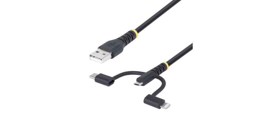 StarTech.com Câble de Charge USB de 1m Robuste, USB vers Lightning/Micro-USB/USB-C, Certifié Apple MFi, Gaine en Aramide, Cordon de Charge USB Universel 3-en-1 pour iPhone/iPad/Android