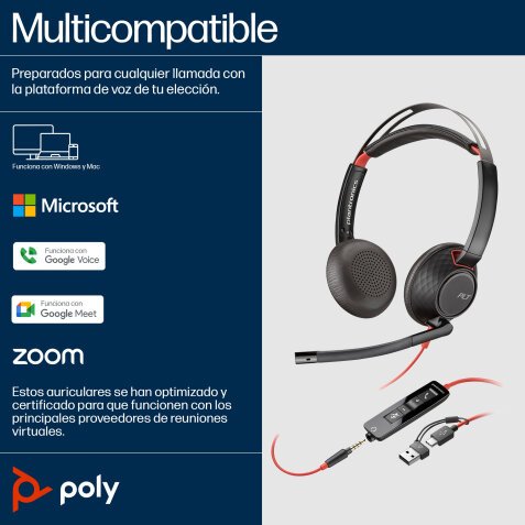 POLY Auriculares Blackwire 5220 estéreo USB-C + conector de 3,5 mm + adaptador USB-C/A (paquete)