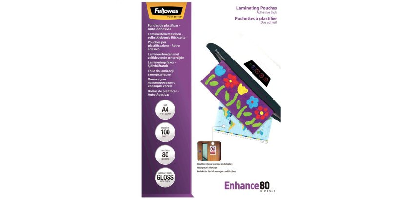 Pochette plastification fellowes à chaud polyester transparent résistant eau format a4 80 microns dos adhésif boîte 100u