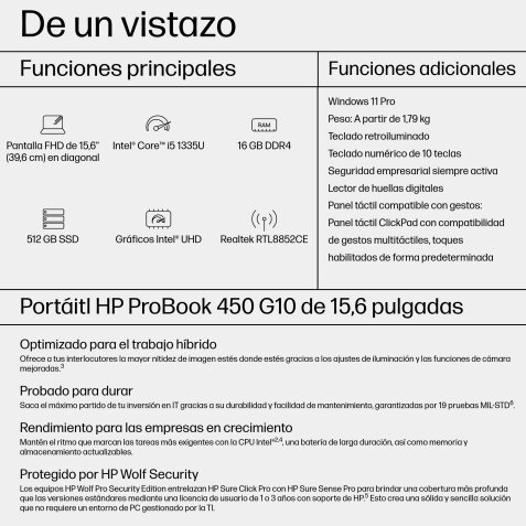 HP ProBook 450 G10 Intel® Core™ i5 i5-1335U Portátil 39,6 cm (15.6") Full HD 16 GB DDR4-SDRAM 512 GB SSD Wi-Fi 6E (802.11ax) Windows 11 Pro Plata