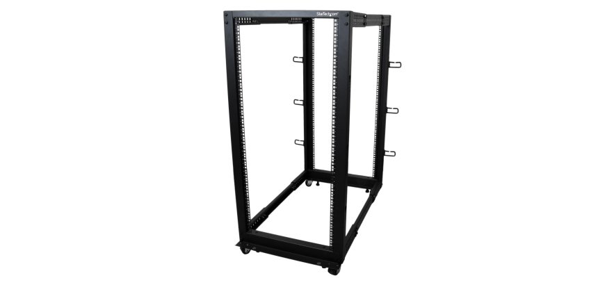 StarTech.com Rack Serveur Mobile 25U 4 Poteaux, Rack Réseau 19" 4 Poteaux avec Roulettes, Rack Roulant avec Profondeur Ajustable pour PC/AV/Données/Informatique - Roulettes, Pieds de nivellement ou Fixation au Sol