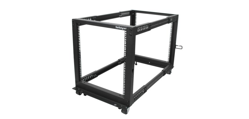 StarTech.com Rack Serveur Mobile 12U 4 Poteaux, Rack Réseau 19" 4 Poteaux avec Roulettes, Rack Roulant avec Profondeur Ajustable pour PC/AV/Données/Informatique - Roulettes, Pieds de nivellement ou Fixation au Sol