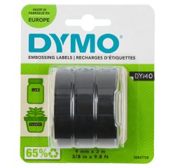 DYMO 3D Nastro Etichette a Rilievo Autoadesive | Rotoli da 9 mm x 3 m | stampa bianca su nero |Per Omega e Junior etichettatrice a rilievo| Confezione da 3