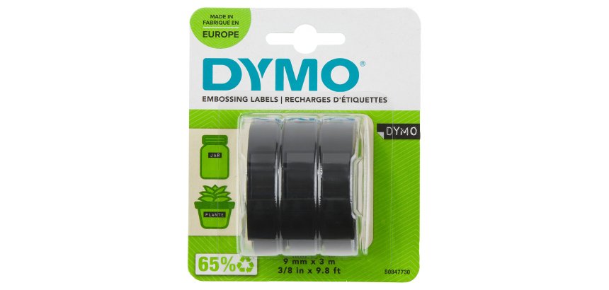 DYMO 3D Nastro Etichette a Rilievo Autoadesive | Rotoli da 9 mm x 3 m | stampa bianca su nero |Per Omega e Junior etichettatrice a rilievo| Confezione da 3