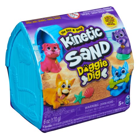 Kinetic Sand , Mini Cagnolino, 170g di Sabbia Cinetica Naturale, 1 Cagnolino a Sorpresa, 2 Accessori, Custodia a Forma di Cuccia. Giocattoli per Bambini e Bambine, 3+