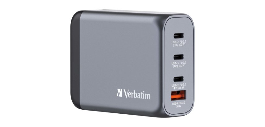 Verbatim GNC-100 GaN Charger 100W with 2 x USB-C PD 100W / 1 x USB-C PD 65W / 1 x USB-A QC 3.0 (EU/UK/US)