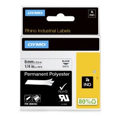 DYMO Rhino Etiquetas industriales permanentes de poliéster | 6 mm x 5,5 m | Impresión en negro sobre blanco | Autoadhesivas | Para rotuladoras Rhino y LabelManager