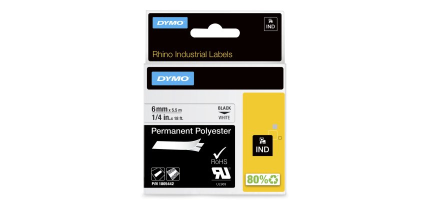 DYMO Rhino Etiquetas industriales permanentes de poliéster | 6 mm x 5,5 m | Impresión en negro sobre blanco | Autoadhesivas | Para rotuladoras Rhino y LabelManager