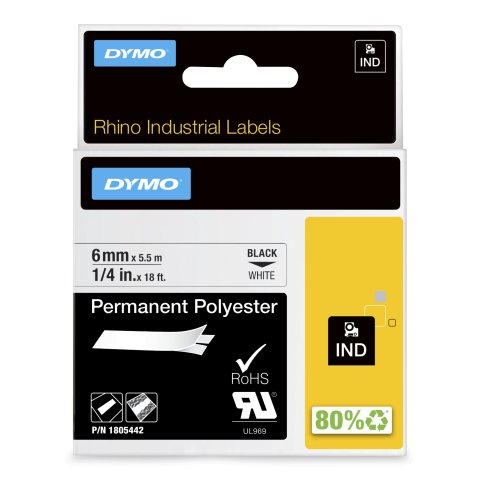DYMO Rhino Etiquetas industriales permanentes de poliéster | 6 mm x 5,5 m | Impresión en negro sobre blanco | Autoadhesivas | Para rotuladoras Rhino y LabelManager