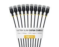 StarTech.com Câble Ethernet Cat6A Noir Ultra-Fin de 15cm, Lot de 10, UTP, Fil de Cuivre Nu Pur, Câble Patch Réseau RJ45 Ultra-Fin 34 AWG, Testé Individuellement