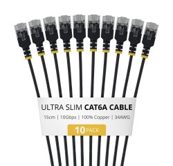 StarTech.com 15cm Black Ultra Slim Cat6A Ethernet Cable, 10 pack, UTP, Pure Bare Copper Wire, 34AWG Ultra Slim RJ45 Network Patch Cord, Individually Tested