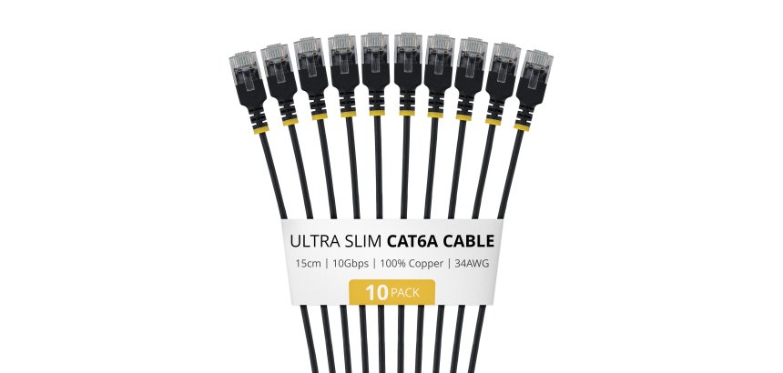 StarTech.com 15cm Black Ultra Slim Cat6A Ethernet Cable, 10 pack, UTP, Pure Bare Copper Wire, 34AWG Ultra Slim RJ45 Network Patch Cord, Individually Tested