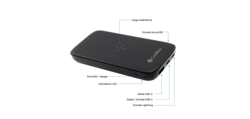 CoolBox POWERBANK QI INALAMBRICO/USB-A/USB-C/MICROUSB/LIGHTING 10.000MAH NEGRO