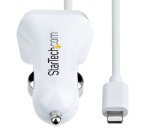 StarTech.com Lightning Car Charger with Coiled Cable, 1m Coiled Lightning Cable, 12W, White, 2 Port USB Car Charger Adapter for Phones and Tablets, Dual Device In Car iPhone Charger