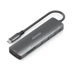 AISENS USB-C Dock 7 en 1, USB-C A, 1x HDMI, 3x USB-A, 1x USB-C PD 100W, 1x SD, 1x MicroSD, Gris, 15cm
