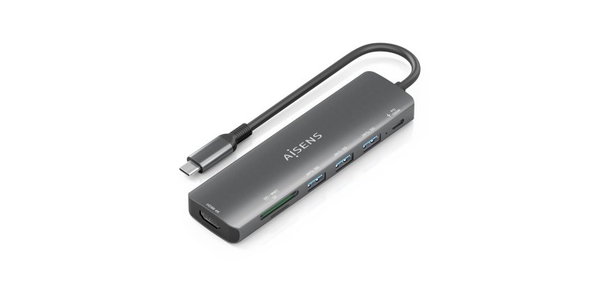 AISENS USB-C Dock 7 en 1, USB-C A, 1x HDMI, 3x USB-A, 1x USB-C PD 100W, 1x SD, 1x MicroSD, Gris, 15cm