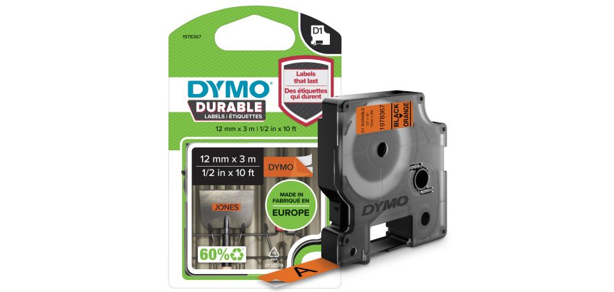DYMO Authentic D1 Durable Labels | Black Print on Orange Tape | 12 mm x 3 m | High-Performance Label Tape for LabelManager Label Makers
