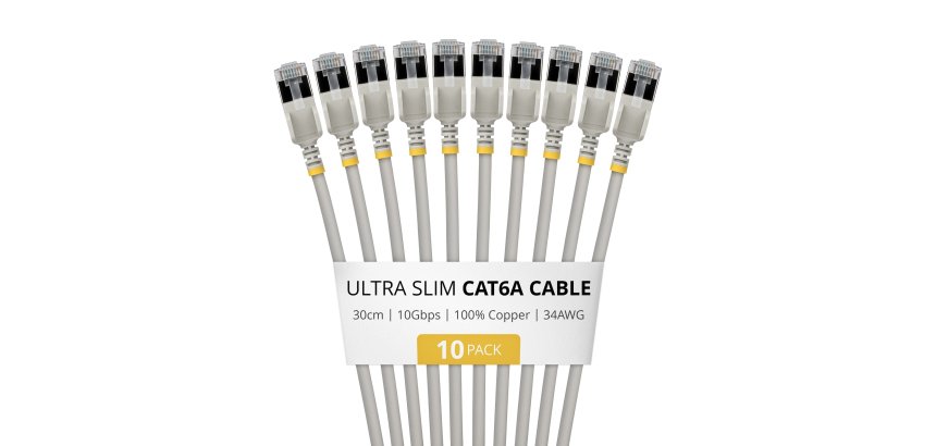 StarTech.com 30cm Gray Ultra Slim Cat6A Ethernet Cable, 10 Pack, Snagless, FTP, Pure Bare Copper Wire, 34AWG Ultra Slim RJ45 Network Patch Cord, Individually Tested