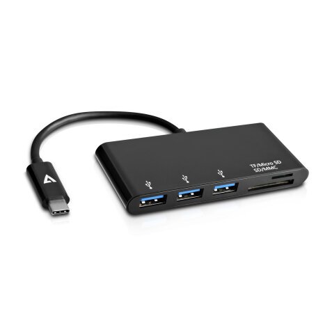 V7 Adattatore USB nero da USB-C maschio a 3 x USB 3.0 A femmina, Micro SD, SD/MMC