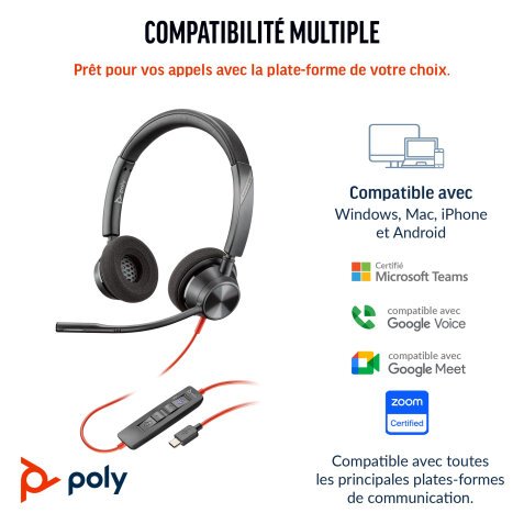 POLY Micro-casque Blackwire 3320 stéréo USB-C + adaptateur USB-C/A