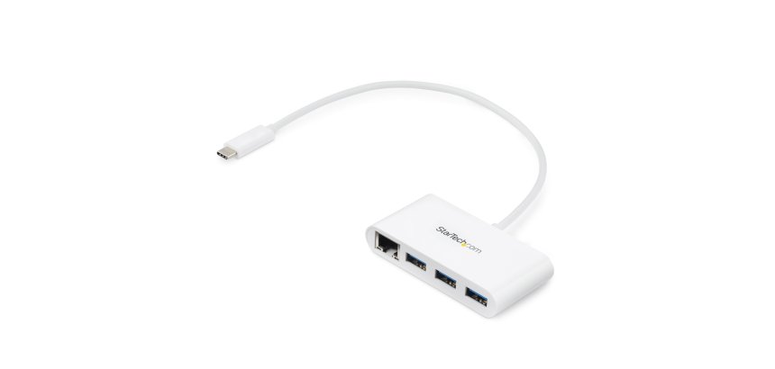 StarTech.com Concentrador USB 3.0 (5Gbps) de 3 Puertos con USB-C y Ethernet Gigabit - Hub Ladrón de USB Convencional - Blanco