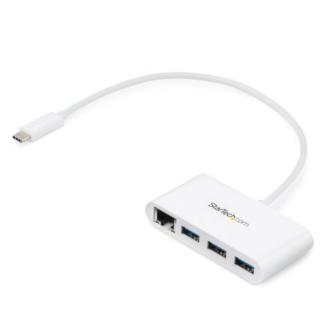 StarTech.com Concentrador USB 3.0 (5Gbps) de 3 Puertos con USB-C y Ethernet Gigabit - Hub Ladrón de USB Convencional - Blanco