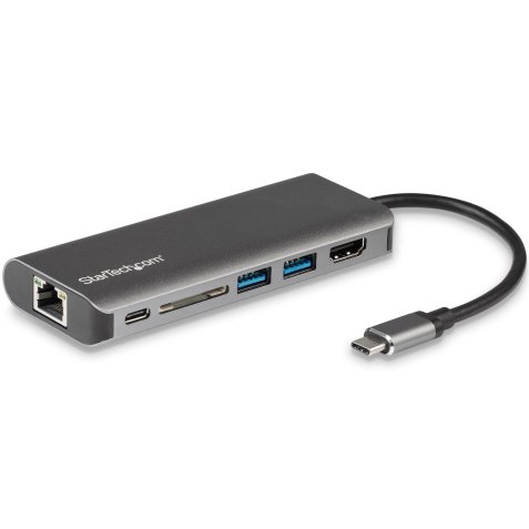 StarTech.com Adaptateur Multiport USB C, Station d'Accueil USB-C Portable vers HDMI 4K, Hub USB 3.0 2 pts, SD/SDHC, GbE, 60W PD Pass-Through - USB Type-C/Thunderbolt 3 - REMPLACÉ PAR DKT30CHSDPD1