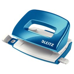 Perforateur mini esselte boîte métal socle antidérapant 2 trous réglette guidage écartement standard 8cm bleu métallique