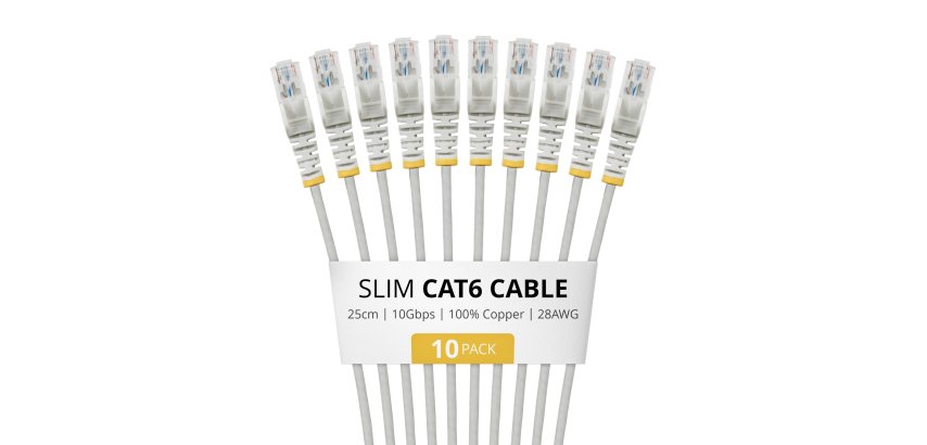 StarTech.com 25cm Gray Slim CAT6 Cable, 10 Pack, Snagless, 100W PoE, UTP, LSZH, 28AWG Pure Bare Copper Wire, Slim RJ45 Network Patch Cord w/Strain Reliefs, Individually Tested