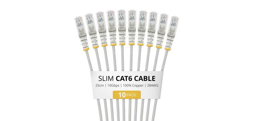 StarTech.com 25cm Gray Slim CAT6 Cable, 10 Pack, Snagless, 100W PoE, UTP, LSZH, 28AWG Pure Bare Copper Wire, Slim RJ45 Network Patch Cord w/Strain Reliefs, Individually Tested