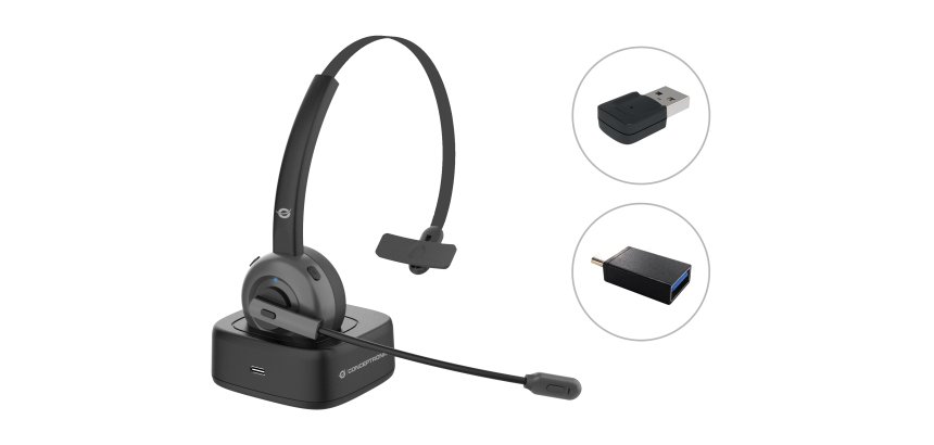 Conceptronic POLONA Wireless Bluetooth Headset with Charging Dock & Bluetooth USB Audio Adapter