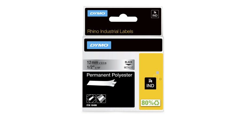 DYMO Rhino Industrial Permanent Polyester Labels | 12mm x 5.5m | Black Print on Metallic | for Rhino & LabelManager Label Makers