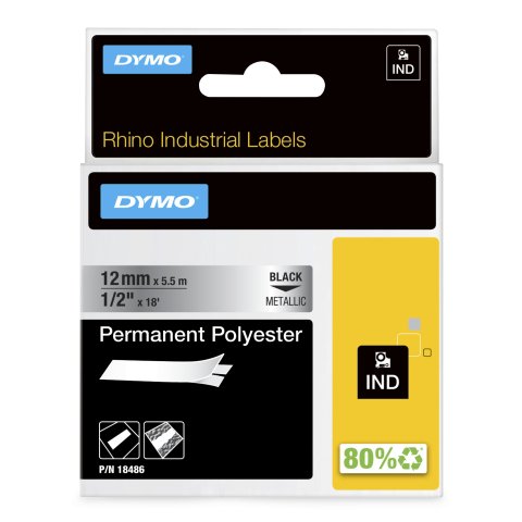 DYMO Rhino etiquetas de poliéster permanentes e industriales | 12mm x 5,5 m | de color negro sobre fondo metalizado