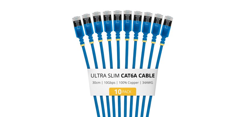 StarTech.com 30cm Blue Ultra Slim Cat6A Ethernet Cable, 10 pack, Snagless, FTP, Pure Bare Copper Wire, 34AWG Ultra Slim RJ45 Network Patch Cord, Individually Tested